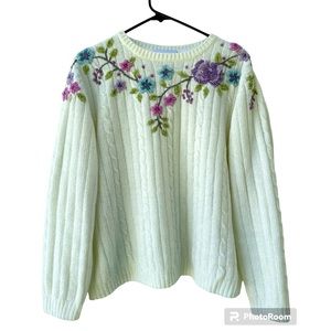 Alfred Dunner Women Ribbed Floral Embroidered Chenille Sweater Ivory Medium